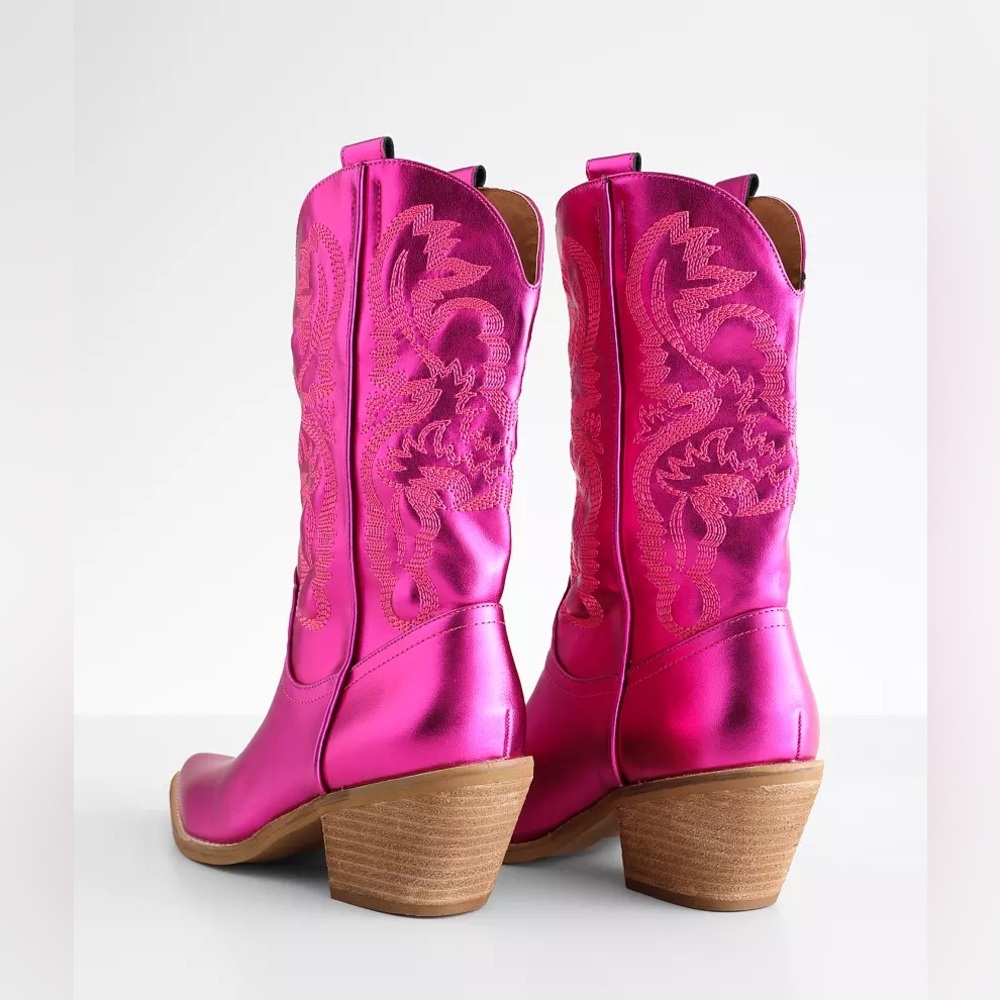 Beast Adela-05 Metallic Fuchsia Embroidered Mid Calf Western Heeled Cowboy Boot